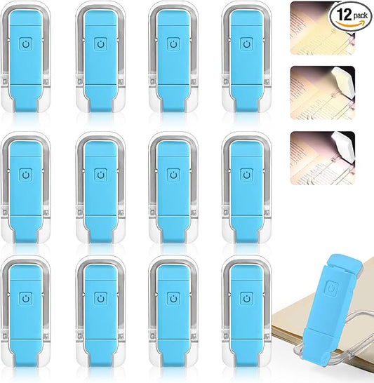 VZZNN 12 Pack Reading Light,Rechargeable Book Light for Reading in Bed,Clip-On Book Lights with 3 Color Temperature,Bulk Gifts for Book Lovers Kids Adults（Blue）