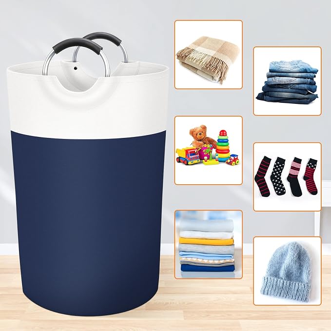 BlissTotes 115L Laundry Basket, Freestanding Collapsible Hamper, Blue | Collapsible Dirty Clothes Hamper, Foldable Laundry Bag for Dorm, Waterproof Fabric, Padded Aluminum Handles