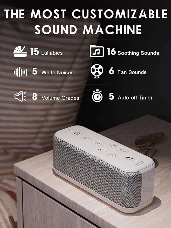 White Noise Machine, Sound Machine for Office Privacy, Sleep and Focus | 42 Non-Looping Sounds, 3000mAh USB-Rechargeable Battery, Dual Speakers, Auto-Off Timer, 8 Volume Levels and Memory