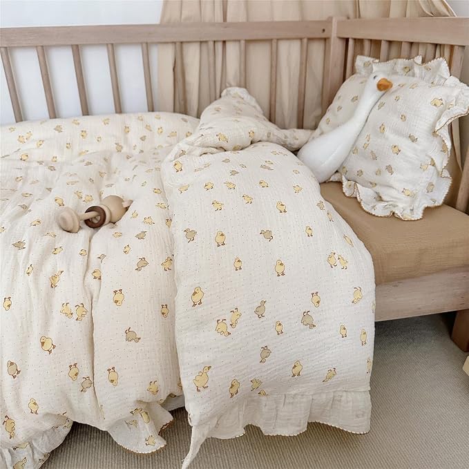 Baby Duckling Print Duvet Cover 47x59 Inch, Soft Muslin Duvet Cover for Boys Girls Crib Bedding Gift for Toddlers, Duck Print (Pillowcase Not Included)