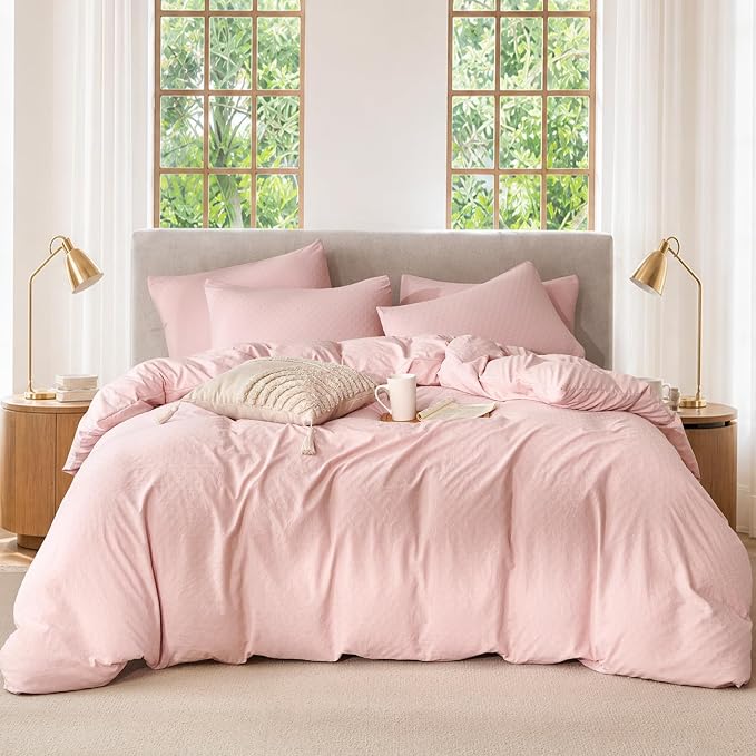 Pink Comforter Set Queen Polka Dot Soft Luxury Washed Microfiber Jacquard 3 Pieces Bedding Set, Pink Polka Dot Pattern Comforter with 2 Pillowcases Breathable Durable Comfy