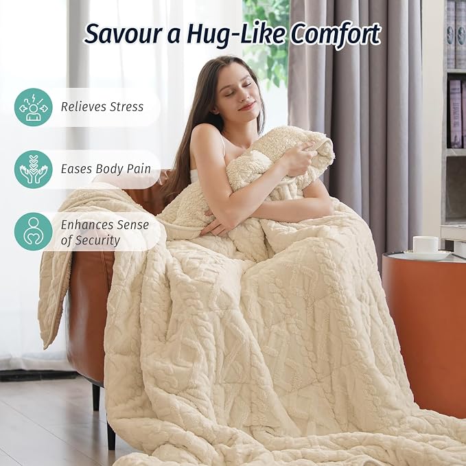 Adults Weighted Blanket for Sleep Queen Size 15 lbs 60" x 80" Khaki | Relax Body & Mind, Even Weight Distribution, Dual Sided Soft Heavy Throw Blankets, Jacquard Knitted, Chunky Fluffy, Warm Hug
