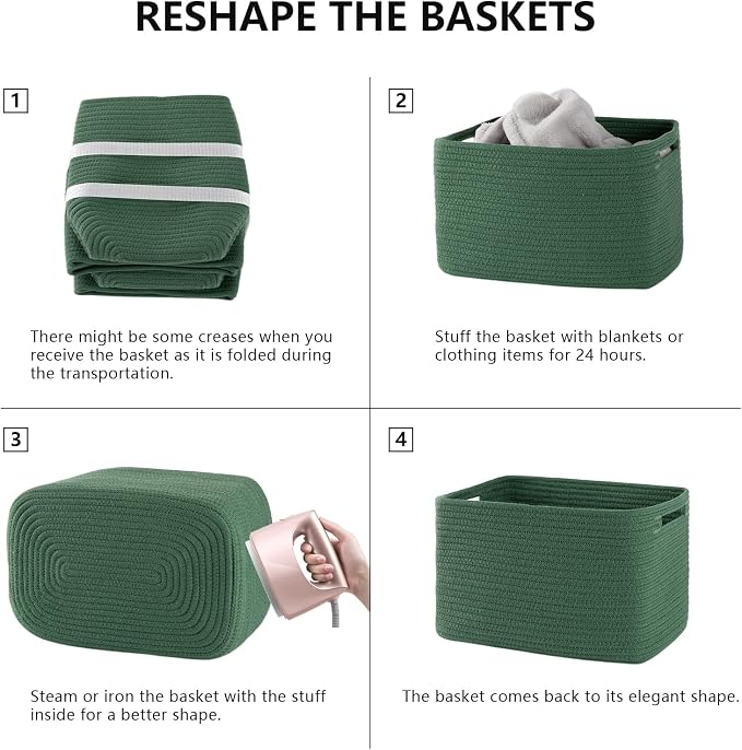 4 Pack Storage Baskets for Organizing, Woven Baskets for Shelves - Perfect for Toys, Books, Towels, and Clothes, Durable Gift Basket Bins Toy Storage, 12.7''L x9''W x7.8''H, Green