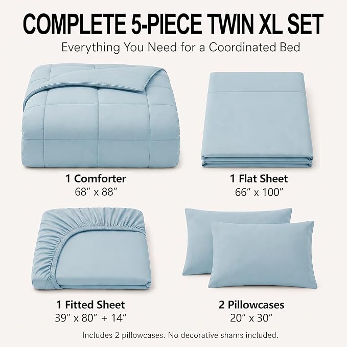 Twin XL Comforter Set Light Blue - 5 Pieces Twin XL Bed in a Bag | College Dorm Essentials, OEKO-TEX Certified, All Season, Down-Alternative Comforter + Flat & Fitted Sheets + 2 Pillowcases