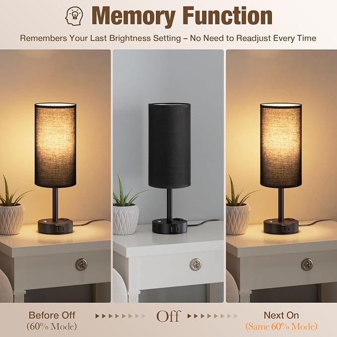 Black Touch Bedside Lamp for Bedroom, Stepless Dimmable, USB A+C, AC Outlet | Base Touch Button Only, Memory Brightness, Ultra-dim Night Light, Included Bulb for Optimal Dimming, Black Fabric Shade, Desk