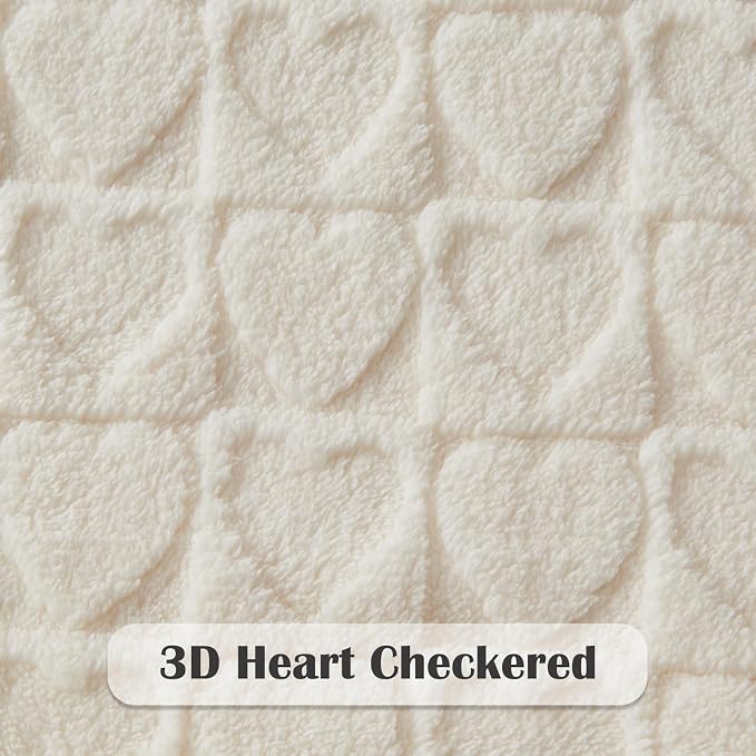NEWCOSPLAY 3D Heart Checkered Flannel Queen Blanket, Off White, 90"x90" | Super Soft Cute Lightweight Decorative Premium Silky Fleece Blanket for Couch Sofa Bed, Gift for Women Men, All Season Use