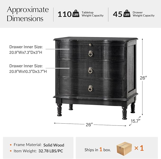 HULALA HOME Solid Wood End Table with Charging Station, 3 Drawer End Table with Pull-Out Tray, USB & Type-C Ports, Traditional Curved Front Accent Side Table for Living Room Sofa, Charcoal