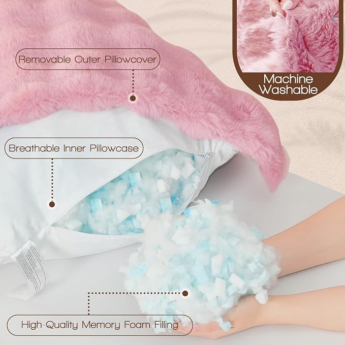 YZ HOME Faux Fur Fluffy Body Pillow for Adults, Soft Support | Firm Body Pillow, Adjustable Support for Side Sleeping, Pregnant Women, Washable cover,Gifts, 20x54 Inch (Pink)