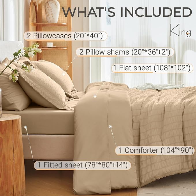7 Pieces King Comforter Set, Seersucker Bed in a Bag King Size, All Season Luxury Bedding Set with Comforter, Flat Sheet, Fitted Sheet, Pillowcases & Shams, Khaki