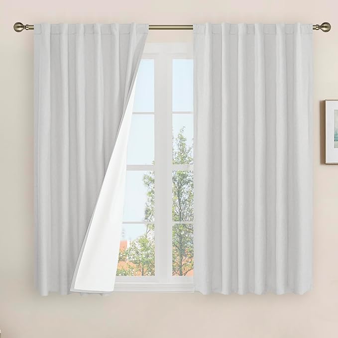 100% Blackout Linen Curtains 48 Inch Length for Bedroom 2 Panels | Light Grey, Linen Textured, Thermal Insulated, Kitchen Curtains, Rod Pocket Back Tab Panels, with White Liner, 52 x 48 Inch