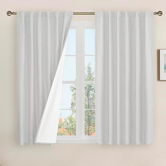100% Blackout Linen Curtains 48 Inch Length for Bedroom 2 Panels | Light Grey, Linen Textured, Thermal Insulated, Kitchen Curtains, Rod Pocket Back Tab Panels, with White Liner, 52 x 48 Inch