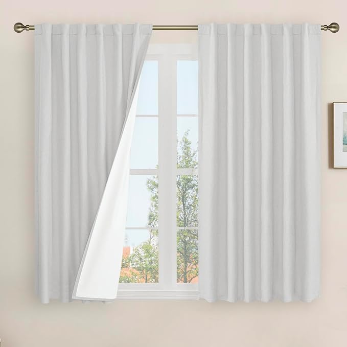 54 Inch Light Grey Linen Full Blackout Window Curtains for Bedroom | Thermal, Privacy Protected, Farmhouse Curtains, Rod Pocket Back Tab, Burlap Drapes, with White Liner, 2 Panels, 52 x 54 Inch