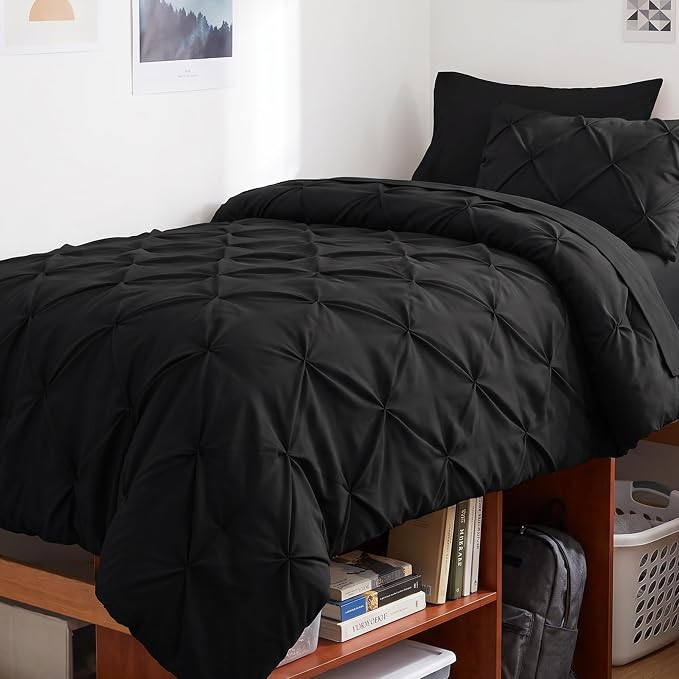 Twin XL Comforter Set Black, 5 Pieces Pintuck Bed in a Bag | College Dorm Essentials, OEKO-TEX 100 Certified, 240GSM All Season, Down-Alternative Comforter, Sheets, Pillowcase & Sham