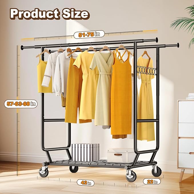 HOKEEPER Clothes Rack Load 650 LBS Collapsible Clothing Rack Double Rod | Black 22"D*75"W*68"H, Adjustable Heavy Duty Garment Rack for Hanging Clothes Rolling Commercial Closet Rack with Shelves