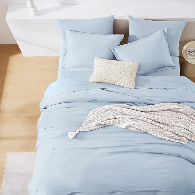 King Size Comforter Set- 7 Pieces Prewashed Bed in a Bag King Bedding Sets | Soft All Season Comforter with Sheets, Pillow Shams & Pillowcases,Ice Blue