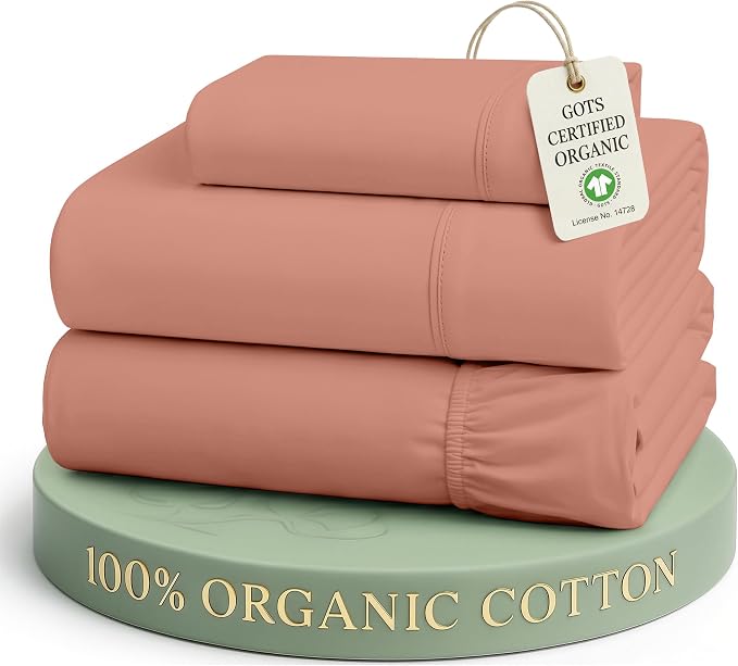 LANE LINEN Twin Sheets 100% Organic Cotton Percale Cooling Soft - Rose Dawn | 100% Organic Cotton Percale Twin Sheet Set - Easy-Care Machine Washable, Breathable For Year-Round Sleep, For Hot Sleepers