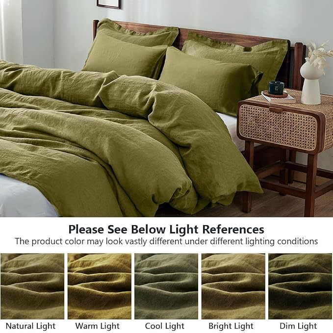 Simple&Opulence 100% Washed Linen Duvet Cover Set 5pcs(1 Duvet Cover& 2 Shams& 2 Pillowcases) Basic Style Natural French Flax Soft Breathable Farmhouse Bedding (Queen, Olive Green)