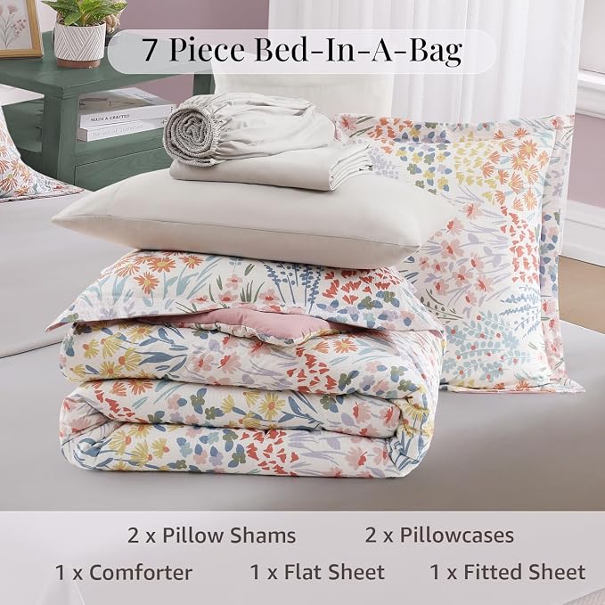 King Size Comforter Set - 7 Pieces Floral Bed in a Bag King Bedding Set | All Season Botanical Texture Flowers Comforter Set with Sheets, Pillowcases & Shams