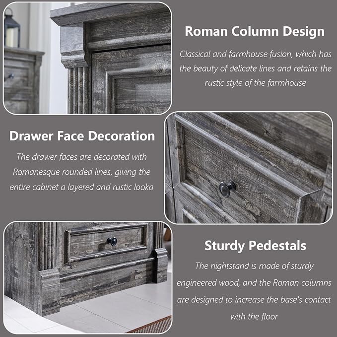 Aitjunz 26" Tall Nightstand w/Charging Station, 3 Drawers, Light Grey | Farmhouse 23.6" Wide Large End Table w/Roman Column, Wood Rustic Side Table w/Metal Handle for Bedroom, Living Room