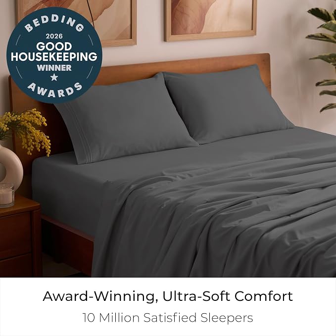 Mellanni Iconic 4-Piece, Ultra Soft Sheet Set (Queen, Gray) | 10M+ Sleepers. Lab-tested: Sleeps Cool, Stays Bright, Strong, Smooth. Good Housekeeping Best Bedding, 7 yrs running.