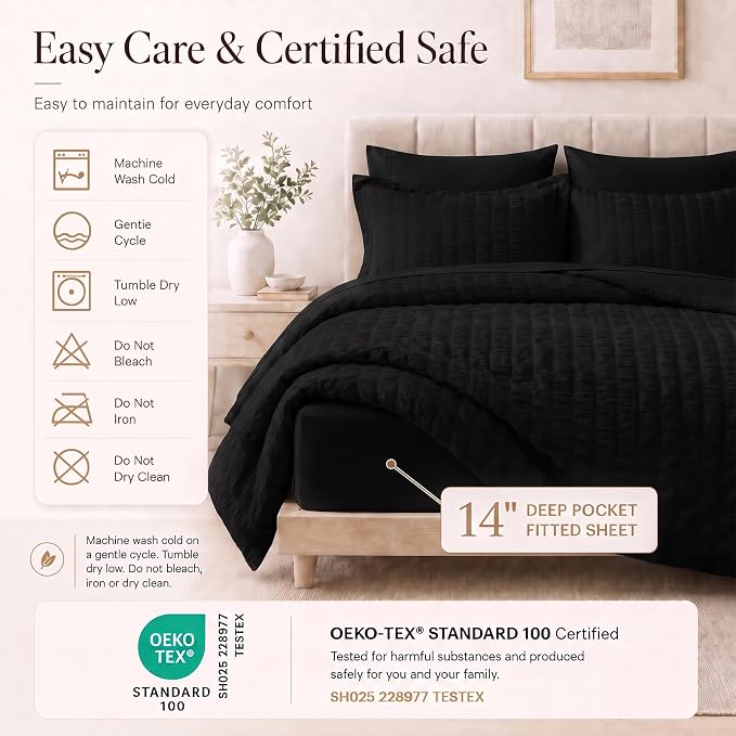 Queen Comforter Set, 7 Pieces Black Seersucker Bed in a Bag | OEKO-TEX Certified, All Season Bedding Set with 240 GSM Down Alternative Comforter, Flat & Fitted Sheets, Pillowcases & Shams