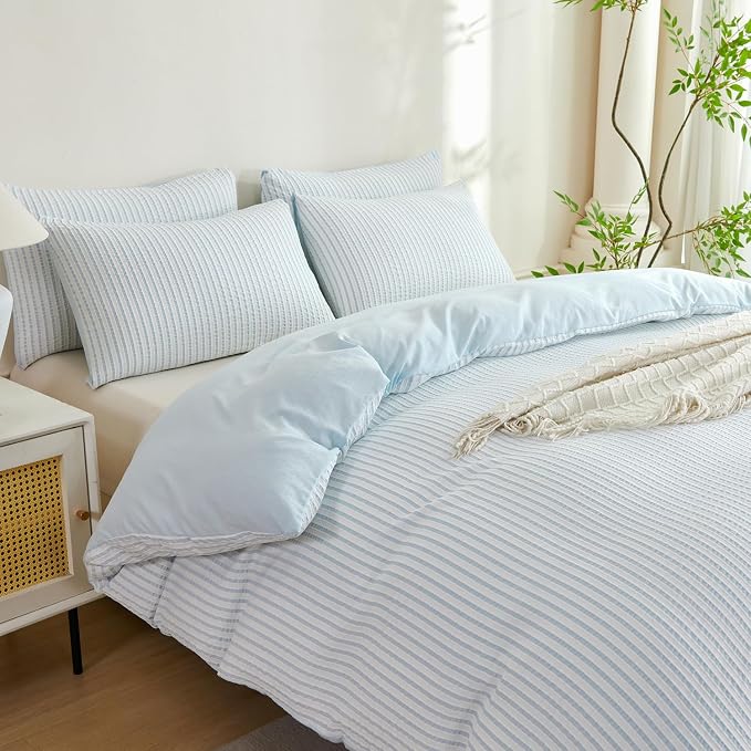 Comforter Queen Set Light Blue Striped Soft Luxury Washed Microfiber Jacquard 3 Pieces Bedding, White Light Blue Vertical Ticking Stripes Comforter with 2 Pillowcases Breathable Durable Comfy