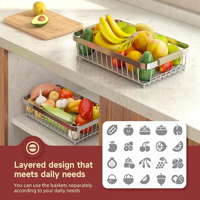 Sevenblue 2-Tier Fruit Basket with Banana Hangers, Detachable Metal Bowl | Wooden handle, protective mats included. Versatile holder for bread, snacks, and veggies. Large 2 tier metal design.