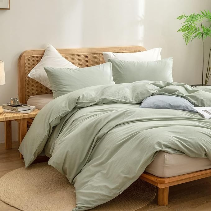 BESTOUCH Cotton Solid Duvet Cover Set Linen Feel Sage Green Alaska King | 100% Washed Cotton, Soft Wrinkle Texture, Hidden Zipper, 8 Ties, Breathable Lightweight Durable Comfy, 3 Pcs No Insert