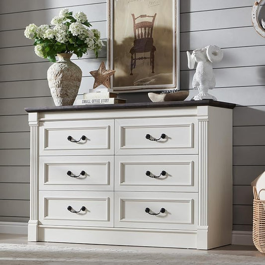Aitjunz Farmhouse 47'' Wide 6 Drawer Dressers for Bedroom, Antique White | Chests of Drawers w/Roman Columns, Horizontal Wooden TV Stand Dresser w/Metal Handle for Bedroom, Hallway, Living room