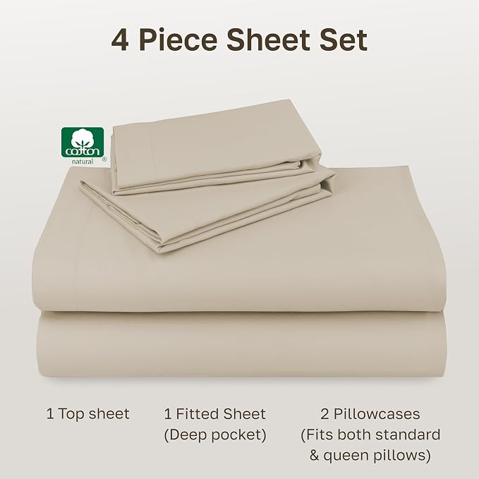 Soft Natural 100% Cotton Sateen Queen Size Bedsheets, 4 Pc Set, Butter | Backed by Good Housekeeping Seal, Light & Breathable For Hot Sleepers, 14" Deep Pocket, All-Around Elastic, Durable
