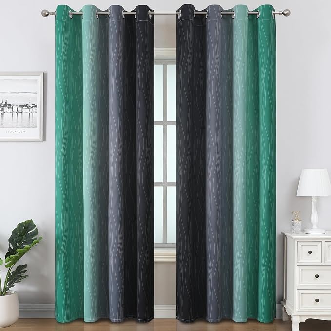 Black and Green Ombre Blackout Curtains 84 Inches Long | Gradient Curtains for Bedroom/Living Room,Thermal Insulated,Energy Saving,Light Blocking,Grommet Window Drapes,52x84,2 Panels