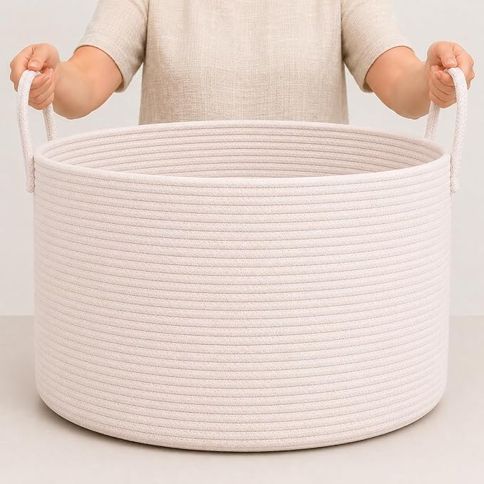 OrganiHaus Round Toy Basket & Blanket Basket, Cotton Rope 20x13" | Full Off-White - Round Cotton Rope Basket, 20x13"