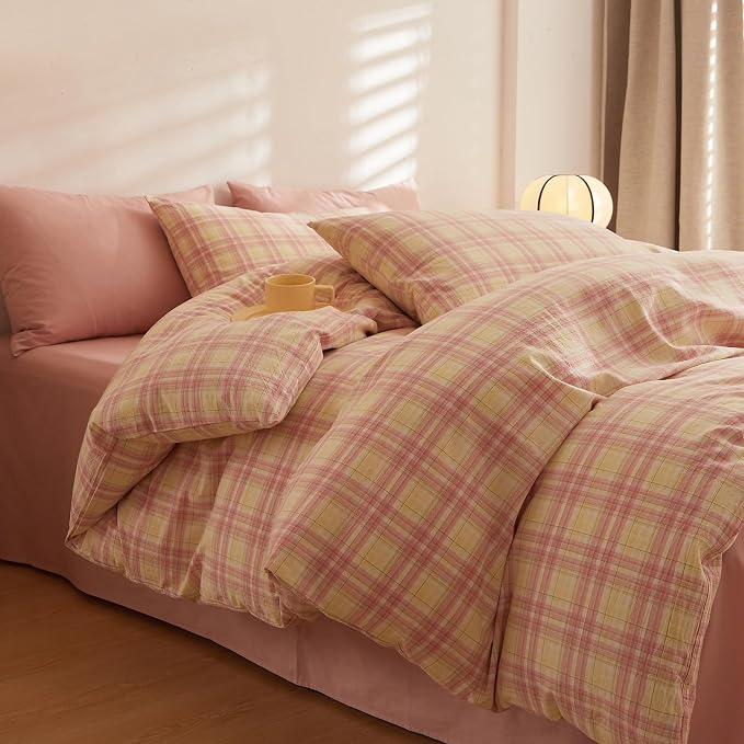 LifeTB Pink & Yellow Buffalo Plaid Comforter Set Full Size, 3 Piece Vintage Plaid Checkered Pattern Comforter with 2 Pillowcases, Grid Farmhouse Bedding Set Gingham Bedding Comforter for All Season