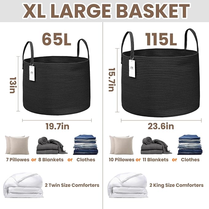 JMvicyroam 65L Extra Large Machine Washable Cotton Rope Blanket Basket | Collapsible laundry hamper, Reinforced handles, For blankets, pillows, toys and clothes, Living room and bedroom, Black