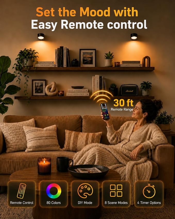 LED Wall Mounted Lights, Rechargeable Wall Sconces, 3 Color Temps, Remote & Touch, 360° Rotating and Dimmable for Bedroom, Bedside & Reading (Black-RGB, 2 Pack)