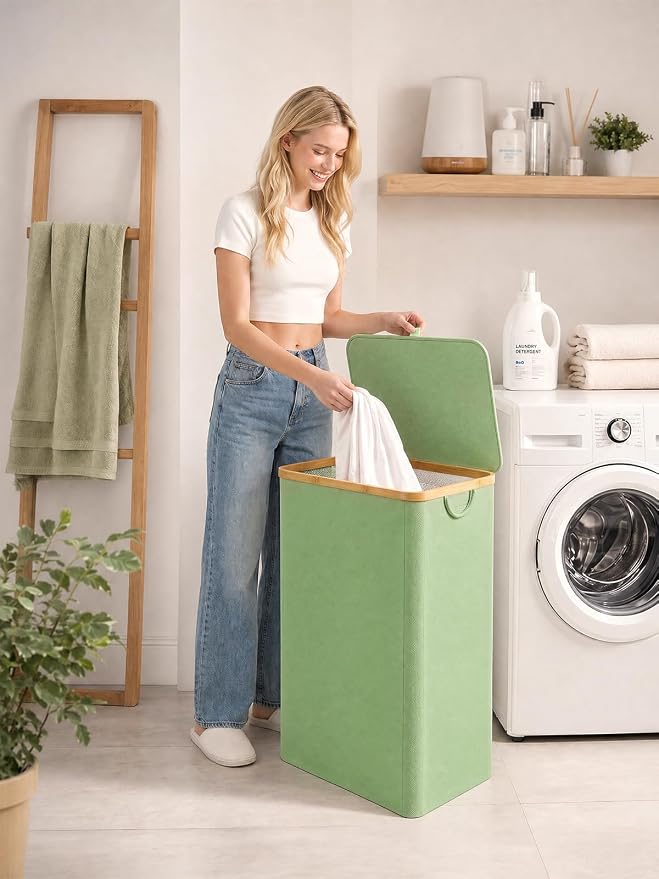 IEGrow Laundry Hamper with Lid,110L Laundry Basket with Mesh Bags,Green | Dirty Clothes Hamper Basket with Bamboo Handle for Clothes Towels