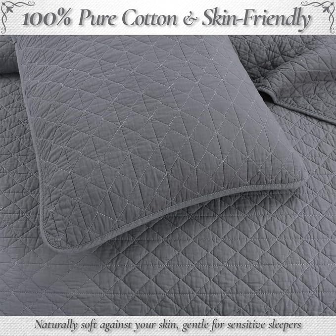 Cozy Line Home Fashions 100% Cotton Quilt Set – 3-Piece Charcoal Gray Solid Classic Modern Quilted Bedspread with Shams, Lightweight All Season Modern Bedding (Diamond Gray, King)
