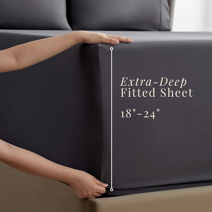 Hearth & Harbor Extra Deep Pocket Queen Sheets Sets - Fits Mattress 18-24 Inches Deep - Extra Deep Pocket Sheets - 6 Piece Queen Size - Grey