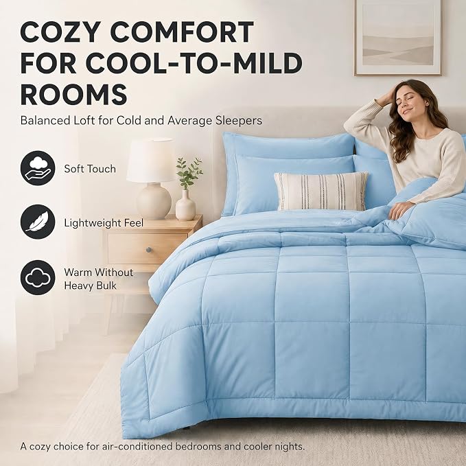 Oversized Queen Comforter Set Baby Blue - 7 Pieces Bed in a Bag | OEKO-TEX Certified, All-Season, Bedroom, Guest Room, Down-Alternative Comforter + Flat & Fitted Sheets + 4 Pillowcases