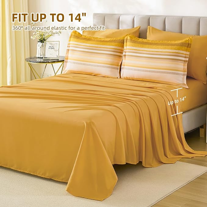 Dobuyly Yellow Comforter Set Queen Size 7 Piece, Boho Striped Bed in a Bag Queen Soft Microfiber Bedding Sets with Comforter, Sheets, Pillowcases & Shams All Season