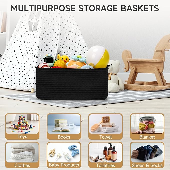 3 Pack Storage Baskets for Organizing, 13.7×9.5×6.3", Black | Woven Baskets for Shelves, Cotton Rope Basket for Gifts Empty, Closet Organizer Bins with Handles, Cube Decorative Box