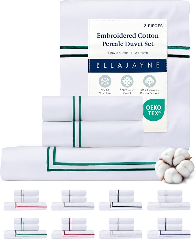 Ella Jayne Duvet Cover King 100% Cotton Percale Soft Set Dark Green 3 Pcs | King Duvet Cover | Soft Cotton Percale | 106 x 90 Inch Cover | Includes 2 Matching Pillow Shams | Dark Green Design