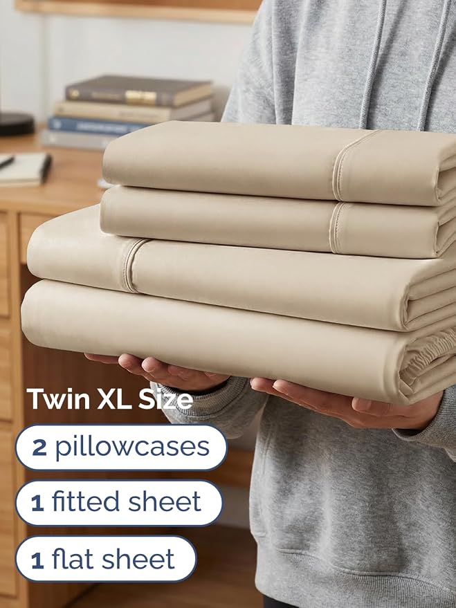 Extra Deep Twin XL Sheet Set - 4 Piece College Dorm Room - Cream | College Dorm Room Essentials, Easy & Secure Fit, Ultra-Soft, Wrinkle & Fade Free, Comfy Sheets Set with Extra Deep Pockets