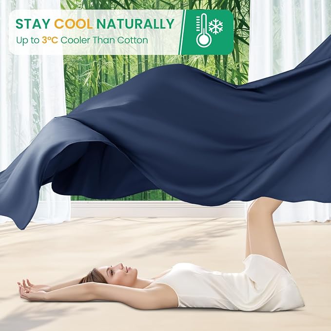SONORO KATE 100% Viscose Derived from Bamboo_Sheets King Size,4PC | Cooling Bed Sheets for Hot Sleepers,Soft Breathable & Silky,16" Deep Pocket,Luxury Hotel Bedding,Navy Blue