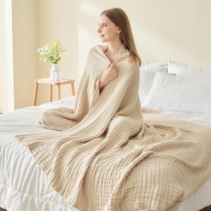 EMME Muslin Blankets for Adults Throw Blanket for Couch Breathable Gauze Soft Lightweight Airy Beige Super King 120" x 94"