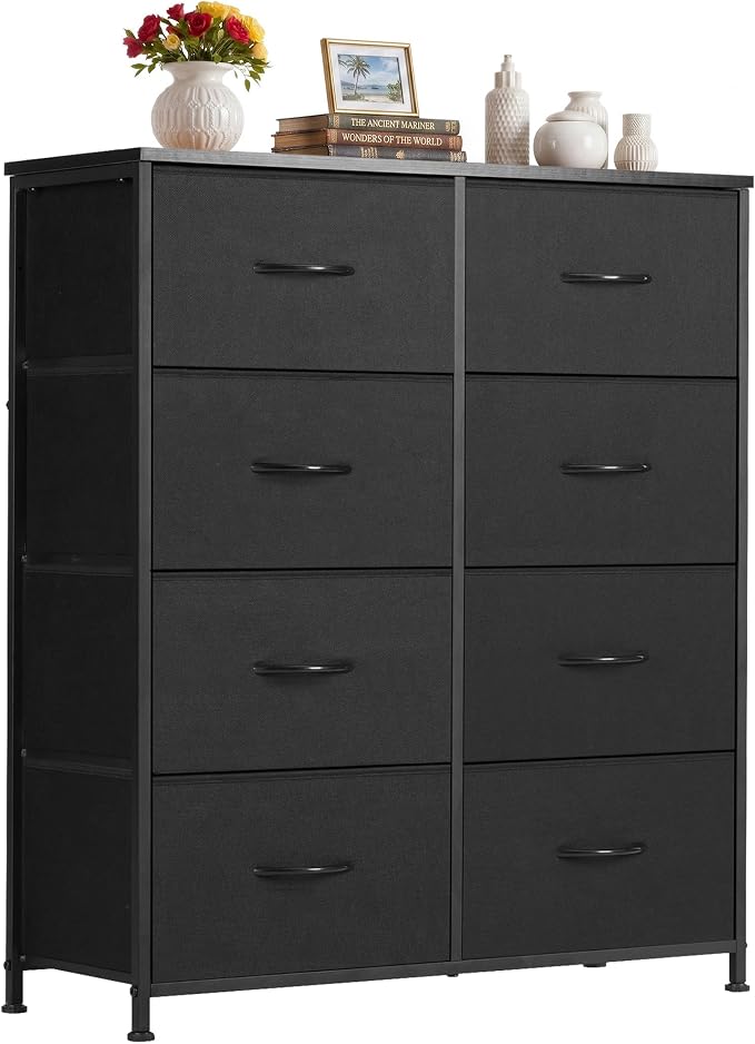8-Drawer Dresser for Bedroom, Upgraded Anti-Tip Tall Storage Organizer | Chest of Drawers with Wooden Top and Metal Frame Fabric Bins for Closet, Living Room, Hallway, Entryway, Soft Black
