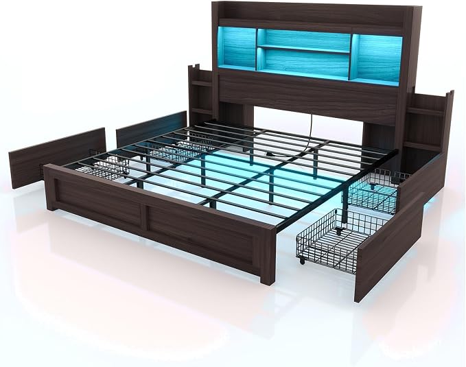 LUXOAK King Bed Frame with Storage, Bookcase Headboard, Black | 49.6" Headboard, Wood Platform Bed, Charging Station, Bedside Storage, 4 Storage Drawers, No Box Spring Needed, Farmhouse