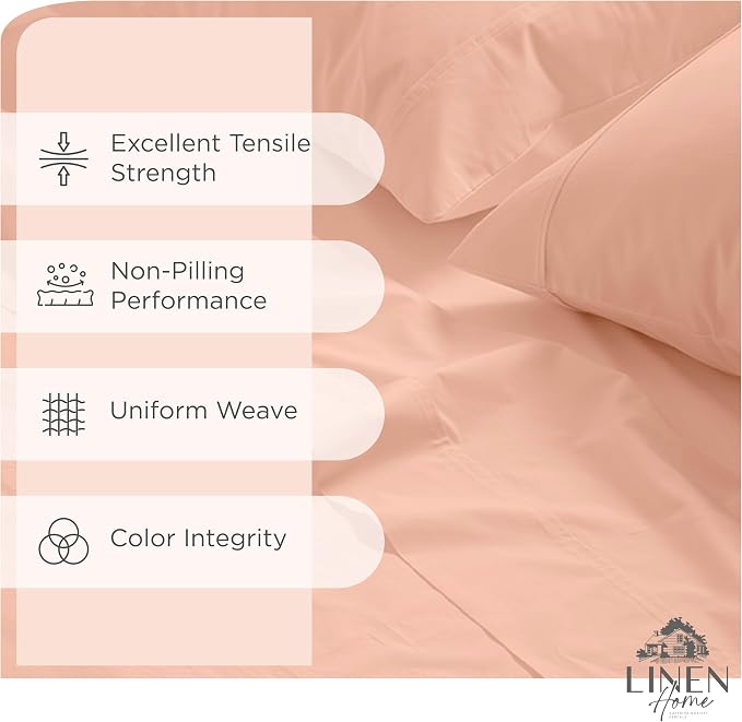 Linen Home 100% Cotton Percale Sheets California King Size, Tropical Peach, Deep Pocket, 4 Pieces Set- 1 Flat, 1 Fitted and 2 Pillowcases, Crisp Cool and Long Staple Strong Bed Linen