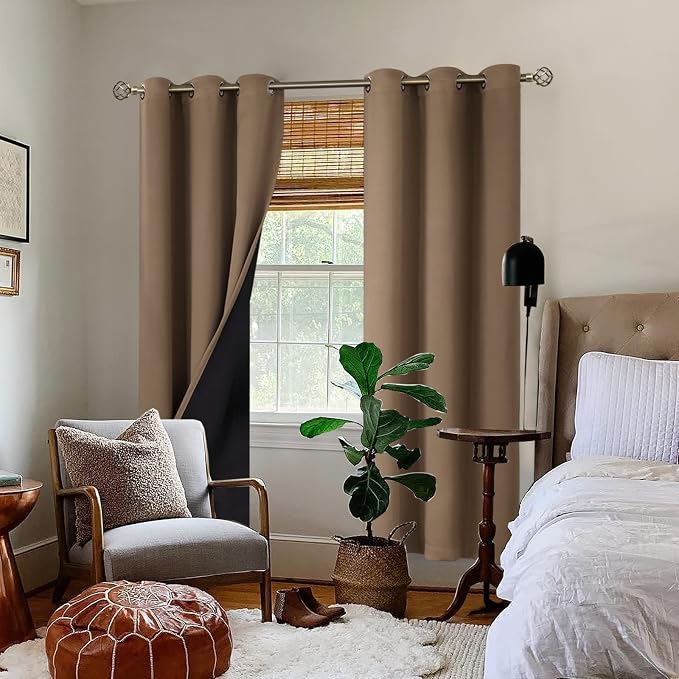BGment Total Thermal Insulated 100% Blackout Curtains for Bedroom with Black Liner, Double Layer Full Room Darkening Noise Reducing Grommet Curtain (42 x 84 Inch, Taupe, 2 Panels)