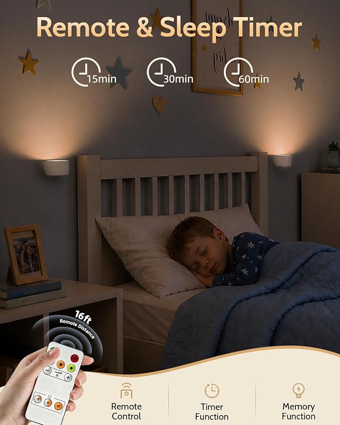 LED Wall Mounted Lights, Rechargeable Wall Sconces, 3 Color Temps, Remote & Touch, 360° Rotating and Dimmable for Bedroom, Bedside & Reading (White, 2 Pack)
